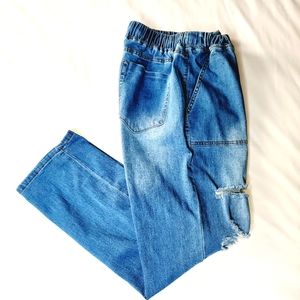 Women Size Large Pull On Elastic Waist Drawstring Distress Denim Blue Jeans